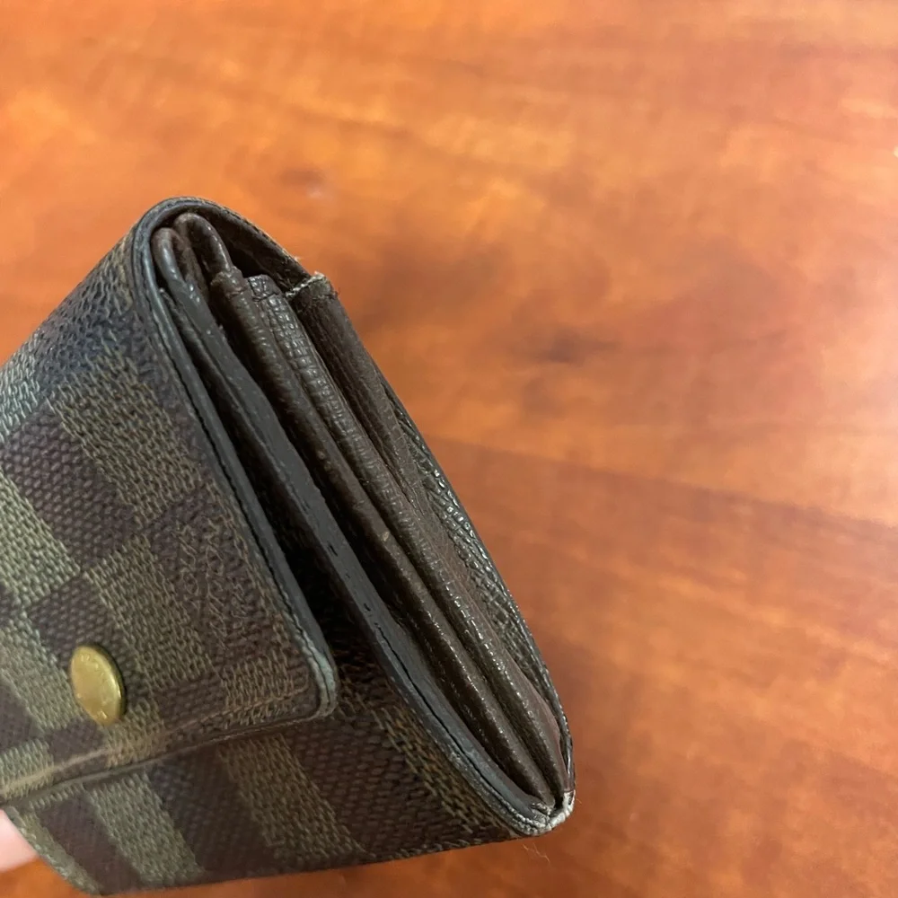 Louis Vuitton Damier Ebene Brown Checkered Compact Wallet with Gold Hardware